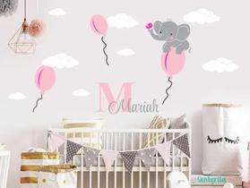 Adesivo De Parede Decoração Infantil Elefante Balões Nuvens - pinkie