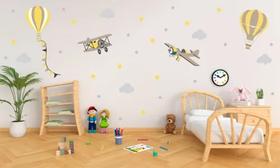 Adesivo De Parede Decoração Meninos Aviões Balões Amarelos - pinkie