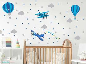 Adesivo De Parede Decoração Quarto Menino Avião Balão Amarel