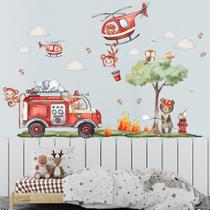 Adesivo de parede, desenho animado, caminhão de bombeiros e animais para quarto de crianças Adesivo de parede, desenho animado, caminhão de bombeiros e animais para quarto de crianças