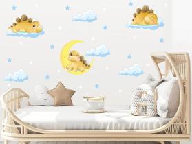 adesivo de parede dinossauros cute baby nuvens estrelas lua