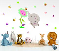 Adesivo De Parede Infantil Elefante Simpático e flores Adesivo De Parede Infantil Elefante Simpático e flores