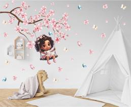 Adesivo de Parede Infantil Menina Morena Balanço e Cerejeira Adesivo de Parede Infantil Menina Morena Balanço e Cerejeira