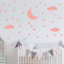 Adesivo de Parede Infantil Nuvens Lua e Estrelas Rosa Rosê