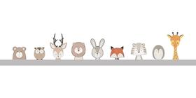 Adesivo de Parede Infantil Safari Animado com leão, girafa, raposa em tons de cinza