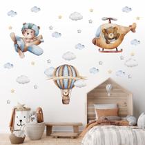 Adesivo de parede Infantil Ursinhos Bebê Aviadores com estrelas e Nuvens Papel de Parede Infanti quarto de bebê