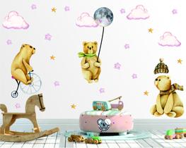 Adesivo de Parede Infantil Urso Bicicleta Lua Aquarela Retro