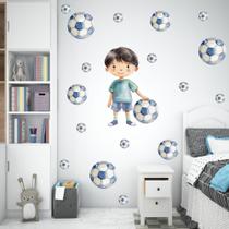 Adesivo de Parede Jogador de Futebol Bolas Aquarela Decoração Quarto de Meninos