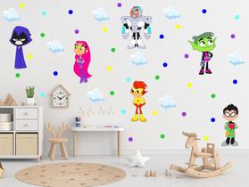 adesivo de parede jovens titãs decoração infantil com desenhos de heróis e bolinhas
