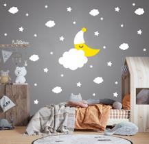 adesivo de parede lua amarela gorrinho nuvens e estrelas