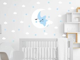 adesivo de parede lua céu estrela kit nuvem menina azul bebê