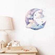 Adesivo De Parede Lua Lilás Aquarela Decoração Minimalista Estrelas Nuvens