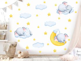 Adesivo de Parede lua nuvens Elefante Cute Baby Aquarela