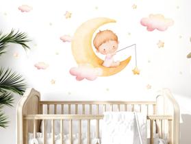 Adesivo de Parede Menina Bebê na Lua Estrelas e Nuvens