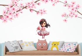 Adesivo de Parede Menina Boneca com Buque e Cerejeiras Adesivo de Parede Menina Boneca com Buque e Cerejeiras