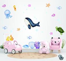 Adesivo De Parede Oceano Vida Marinha Baleia e Corais
