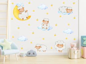 Adesivo de Parede Ovelhas Aquarela Lua Nuvens Cute Baby Chibi Decoração Infantil Berçário