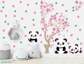 Adesivo De Parede Panda Arvore Flores e Borboletas
