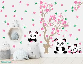 Adesivo De Parede Panda Arvore Flores e Borboletas Adesivo De Parede Panda Arvore Flores e Borboletas