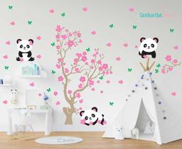 Adesivo De Parede Panda Na Arvore Flores Borboletas Rosa Adesivo De Parede Panda Na Arvore Flores Borboletas Rosa