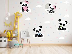 adesivo de parede panda nas nuvens lua quarto de gêmeos