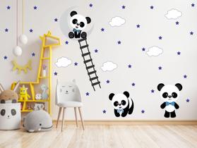 adesivo de parede pandas escada gravatinha lua e nuvens