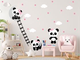 Adesivo de Parede Pandas Escada Lacinho Rosa Lua e Nuvens