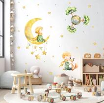 Adesivo de Parede Pequeno Príncipe Lua Planeta Arvores Cute Baby Aquarela