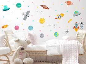 adesivo de parede planetas satélite astronauta luneta júpiter galáxia decorativa