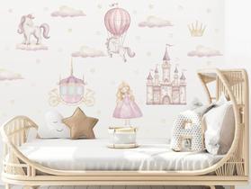 Adesivo de Parede Princesas Cute Aquarela Castelo Carruagem Adesivo de Parede Princesas Cute Aquarela Castelo Carruagem