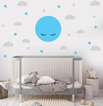 Adesivo De Parede Quarto Berçário Lua Nuvens Estrelas Azul - pinkie Adesivo De Parede Quarto Berçário Lua Nuvens Estrelas Azul - pinkie