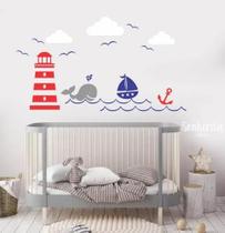 Adesivo De Parede Quarto De Meninos Maritimo Farol Baleia - pinkie