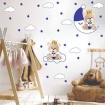 adesivo de parede quarto de meninos príncipe urso rei nuvens lua azul escuro