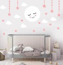 Adesivo De Parede Quarto Infantil Lua Nuvens Rosa E Branco - pinkie