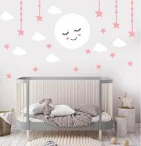 Adesivo De Parede Quarto Infantil Lua Nuvens Rosa E Branco