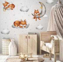 Adesivo de Parede Raposas Aquarela Lua Nuvens Grande Decoração Cabeceira Berço