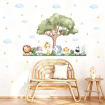 Adesivo De Parede safari aquarela animais cute baby leão girafa zebra arvore nuvens