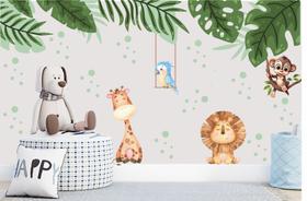 Adesivo de Parede Safari Baby e Folhagens Cute Adesivo de Parede Safari Baby e Folhagens Cute