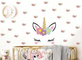 Adesivo De Parede Unicórnio+ 20 Florais 8cm Adesivo De Parede Unicórnio+ 20 Florais 8cm