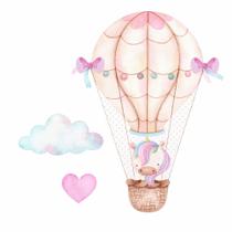 Adesivo De Parede Unicórnio Balões Corações Menina Bebê Nuvens Aquarela