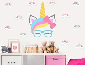 Adesivo De Parede Unicórnio Óculos Laço Kit Arco Iris Adesivo De Parede Unicórnio Óculos Laço Kit Arco Iris