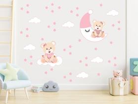 adesivo de parede ursa princesa lua nuvem vestido rosa