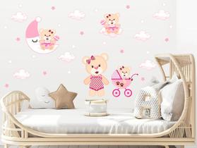 Adesivo de Parede Ursinha com Carrinho de Bebê Cor de Rosa