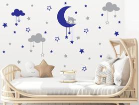 Adesivo de Parede Ursinha na Lua Azul Escuro e Cinza Escuro