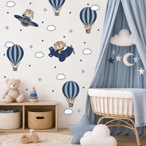 adesivo de parede ursinho aviador e balões azul marinho urso cute baby decoração quarto de meninos