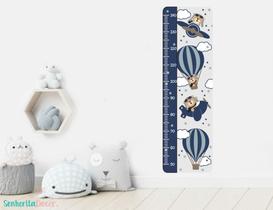 adesivo de parede ursinho aviador régua crescimento balões azul marinho