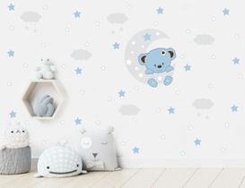 Adesivo de Parede Ursinho na Lua Nuvens e Estrelas Azul Bebê Adesivo de Parede Ursinho na Lua Nuvens e Estrelas Azul Bebê