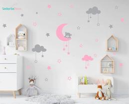 adesivo de parede ursinho na lua rosa e cinza escuro