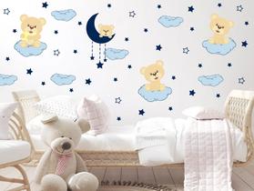 Adesivo de Parede Ursinho Tons de Azul Nuvens e Luar