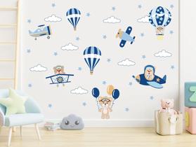 adesivo de parede ursinhos aviadores aviões e balões